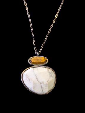 Silpada Retired Heavy Reversible 2" High Natural Stone Pendant 20" Chain